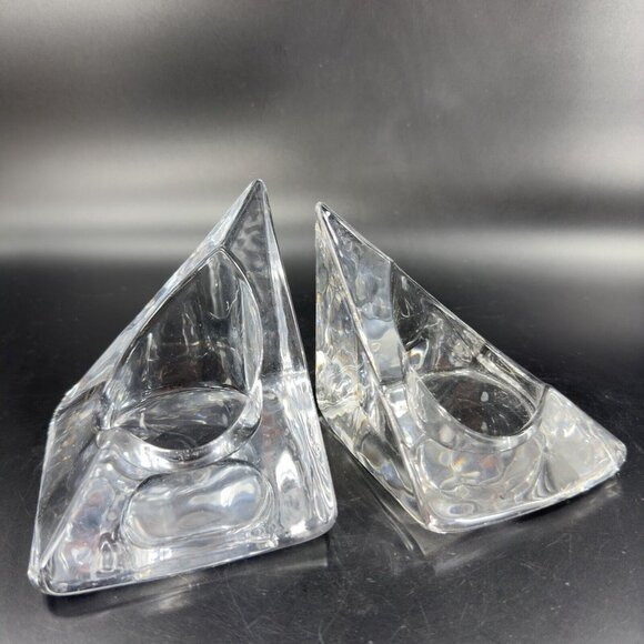 Nybro Art Glass Pyramid Pillar Candle Holder Clear Set 2 Tord Kjellstrom Sweden - Picture 9 of 14